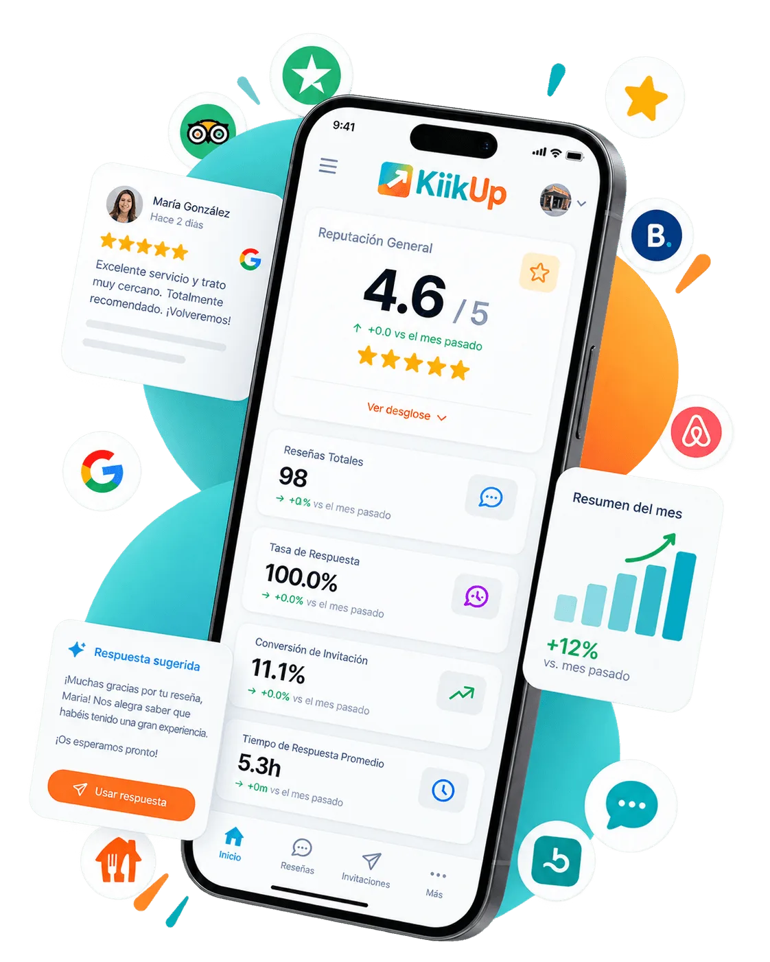 Interfaz de Kiikup para gestionar reseñas de Google, responder opiniones y controlar la reputación online de un negocio.